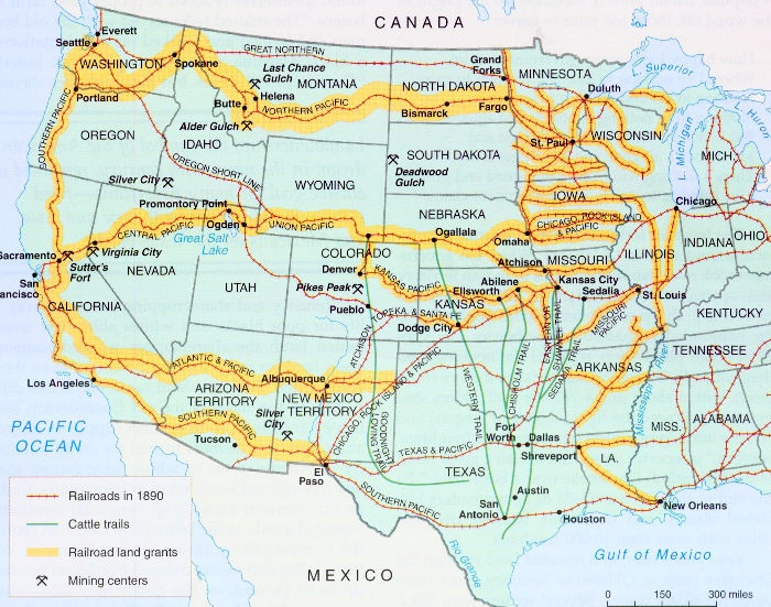 Map of transcontinental railroads in 1890, just 38 years after the Railroad Act was signed by President Lincoln