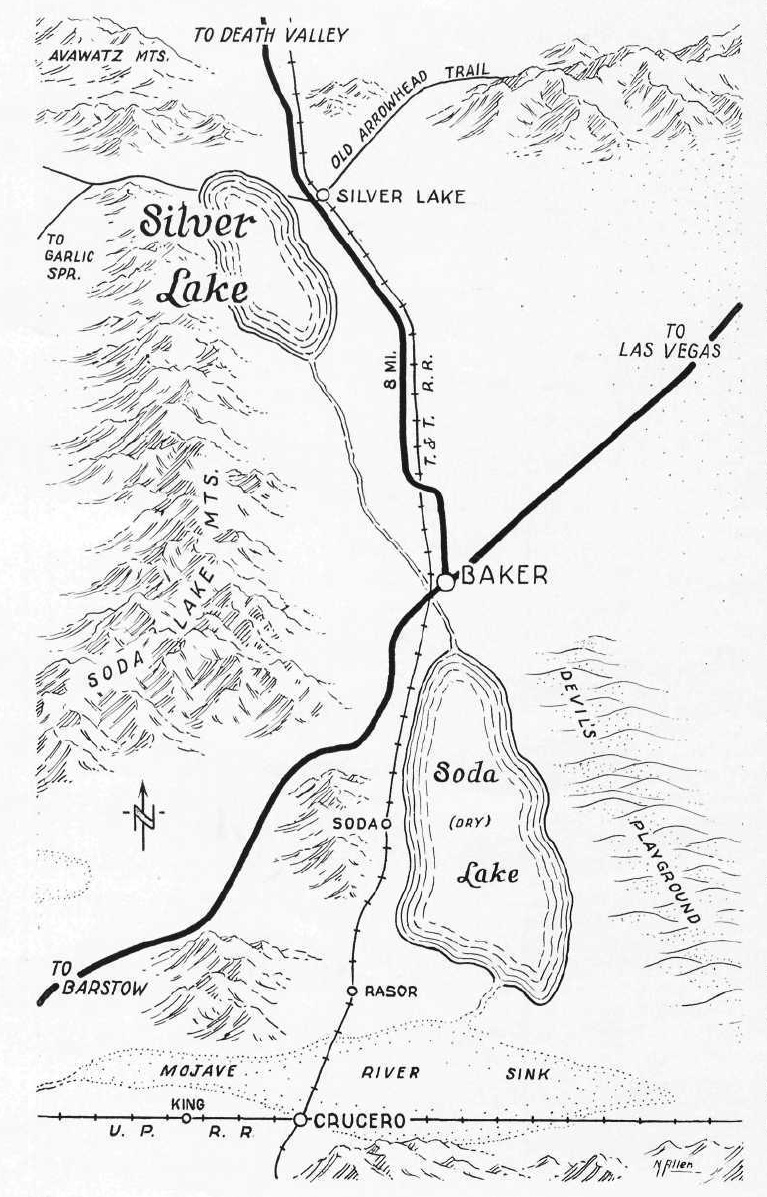 Route of Tonopah and Tidewater railroad in the western portion of the Mojave