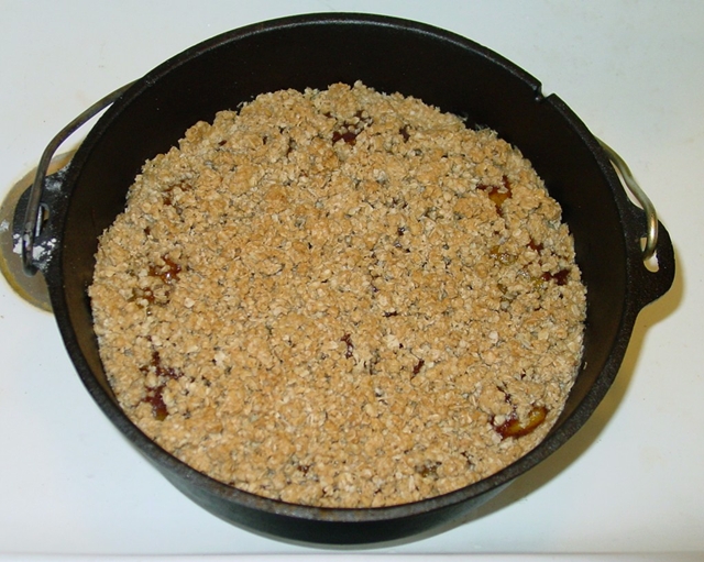 Peach Pie Filling Oat Crumble:  Used a 10&quot; DO with 20 briquettes and did not have the DO &quot;under&quot; the best hot coals before I had everything in the pot.  Timing is everything.