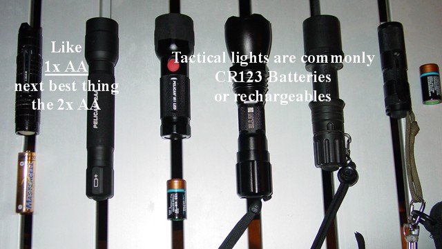Common use flashlights on the right with more &quot;tactical cool&quot; series on the right.