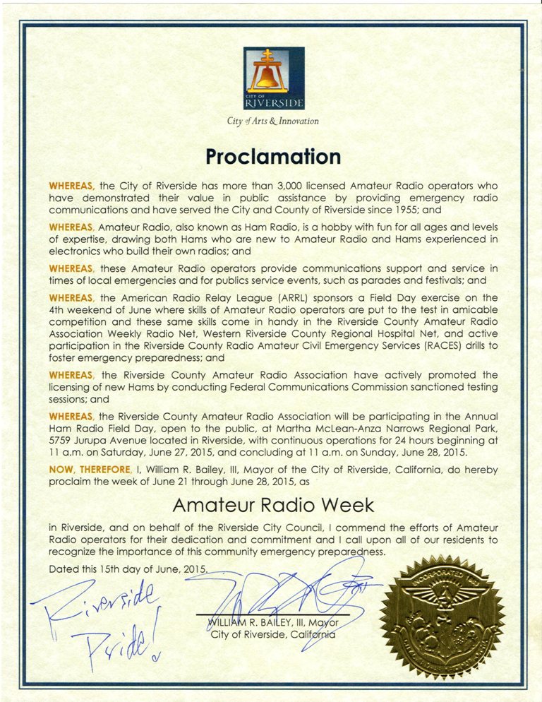 Proclamation by Riverside Mayor &quot;Rusty&quot; Bailey