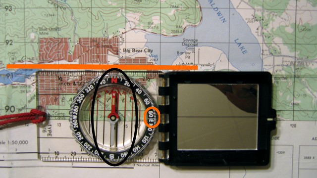Rotate bezel ring to find the grid azimuth of Big Bear air strip (90 degree grid, 74 degree Mag)