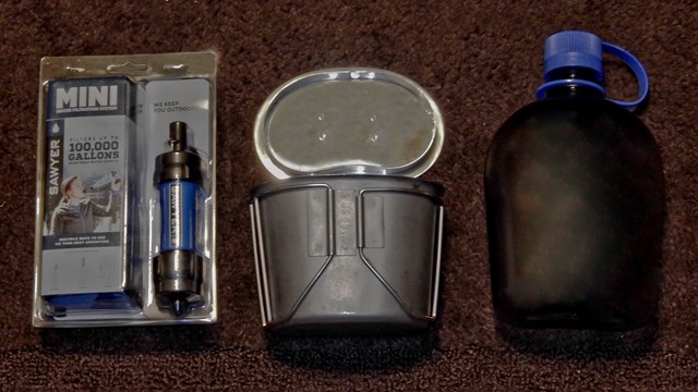 Sawyer Mini Filter along with USGI canteen cup and the Heavy Cover and Nalgene Oasis canteen.