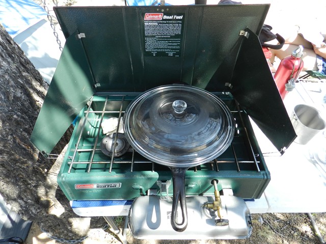 The old dual fuel Coleman stove works well for the family.