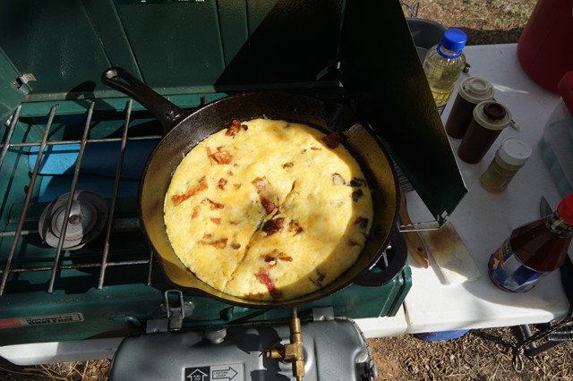 Egg Pizza.  I turn down the heat and let the bottom cook to a crispy crust with the lid on while the cheese melts and the egg stops bubbling so that it looks like it is cooked through and through.