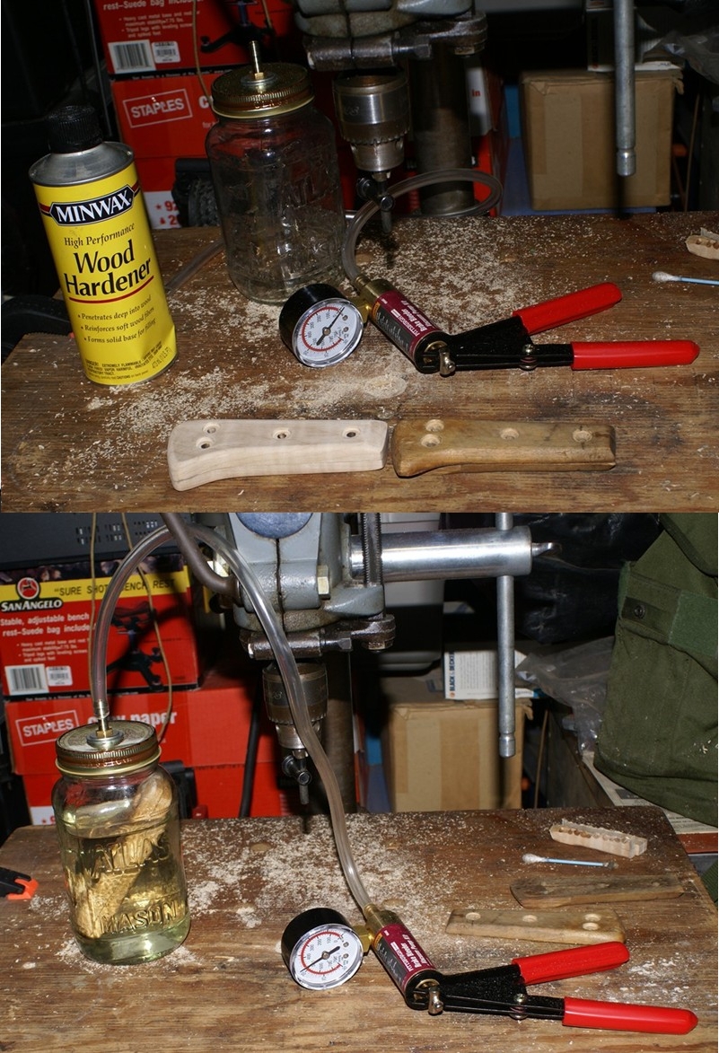06.  Impregnating the panels using wood hardener using a HF brake bleeding vacuum pump.