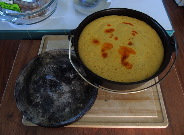 Tamale Pie.  Marie Calendar's cornbread mix with ground turkey, corn and enchilada sauce.