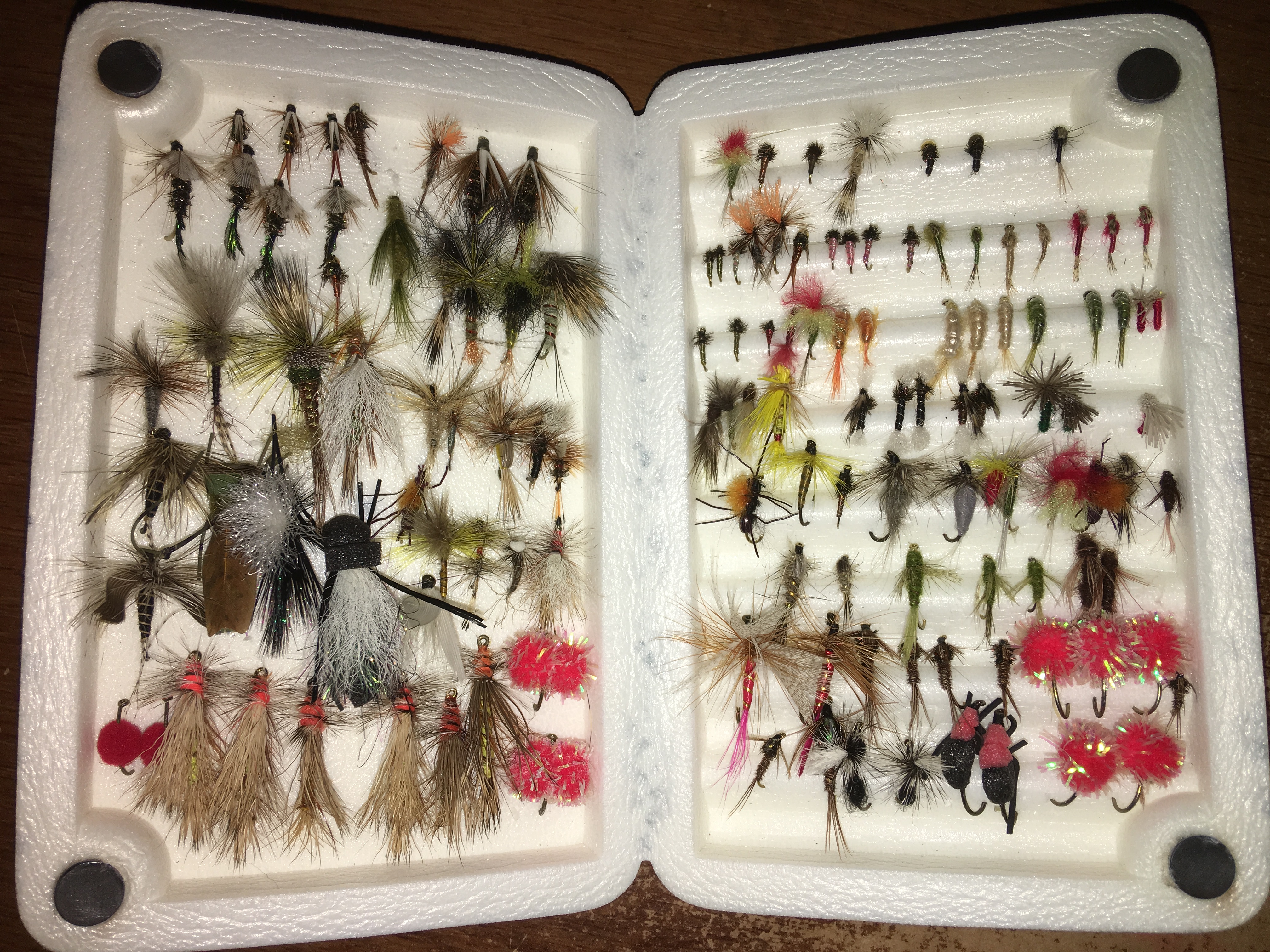 Standard stream fly box with mix of dry flies and nymphs