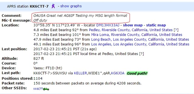 This is an example of setting my HT outside sending a digital MSG through the APRS &quot;OAUSA...&quot;