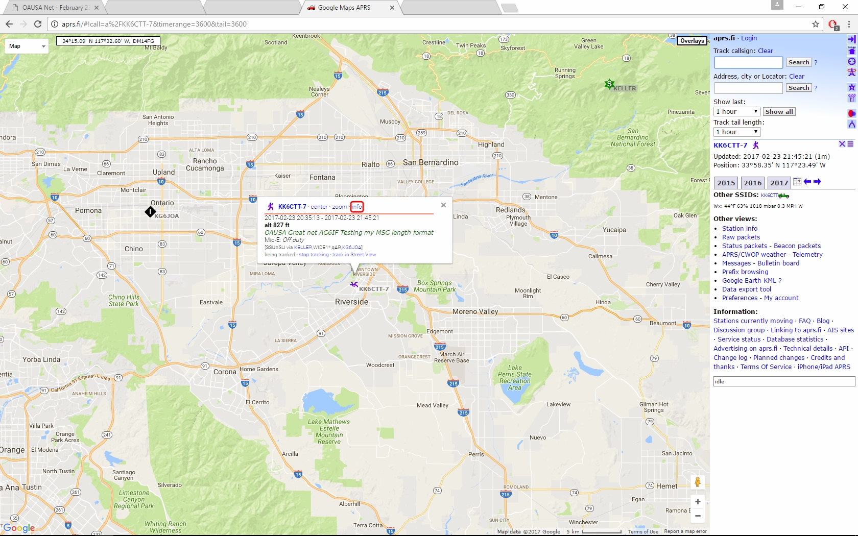 Callsign search for KK6CTT with the &quot;-7&quot; ID for my walking radio with APRS.