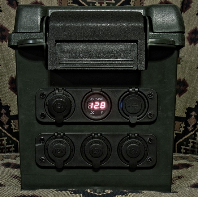 03.  33 AH battery in a plastic ammo/accessory box.  Plenty of space for extra ham gear like connectors, tools, extra HT batteries...  Needs a power switch and an external LED light as depicted in another participant's post.