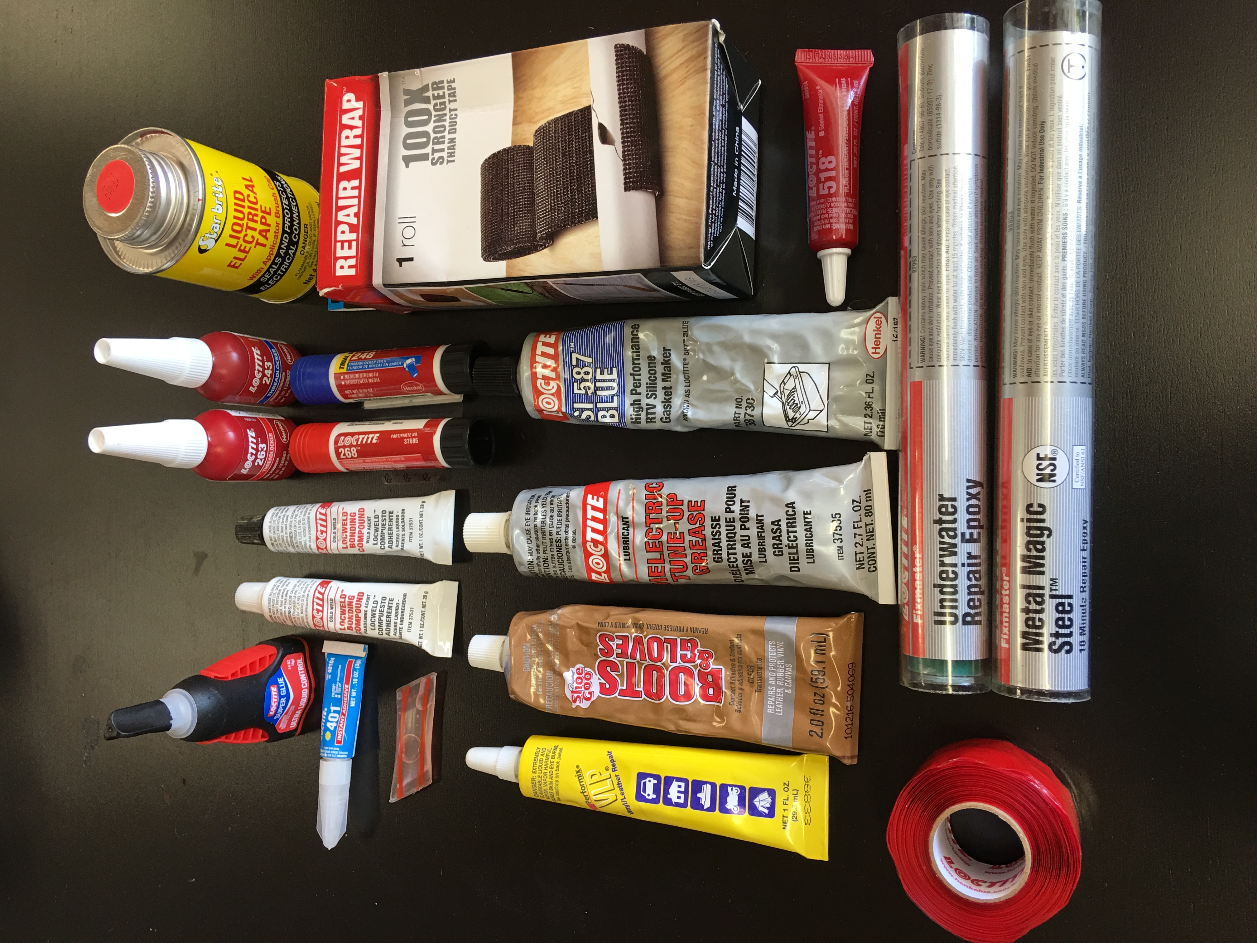 This is a sample of the types of adhesives and sealants that may prove useful at home or on the road.