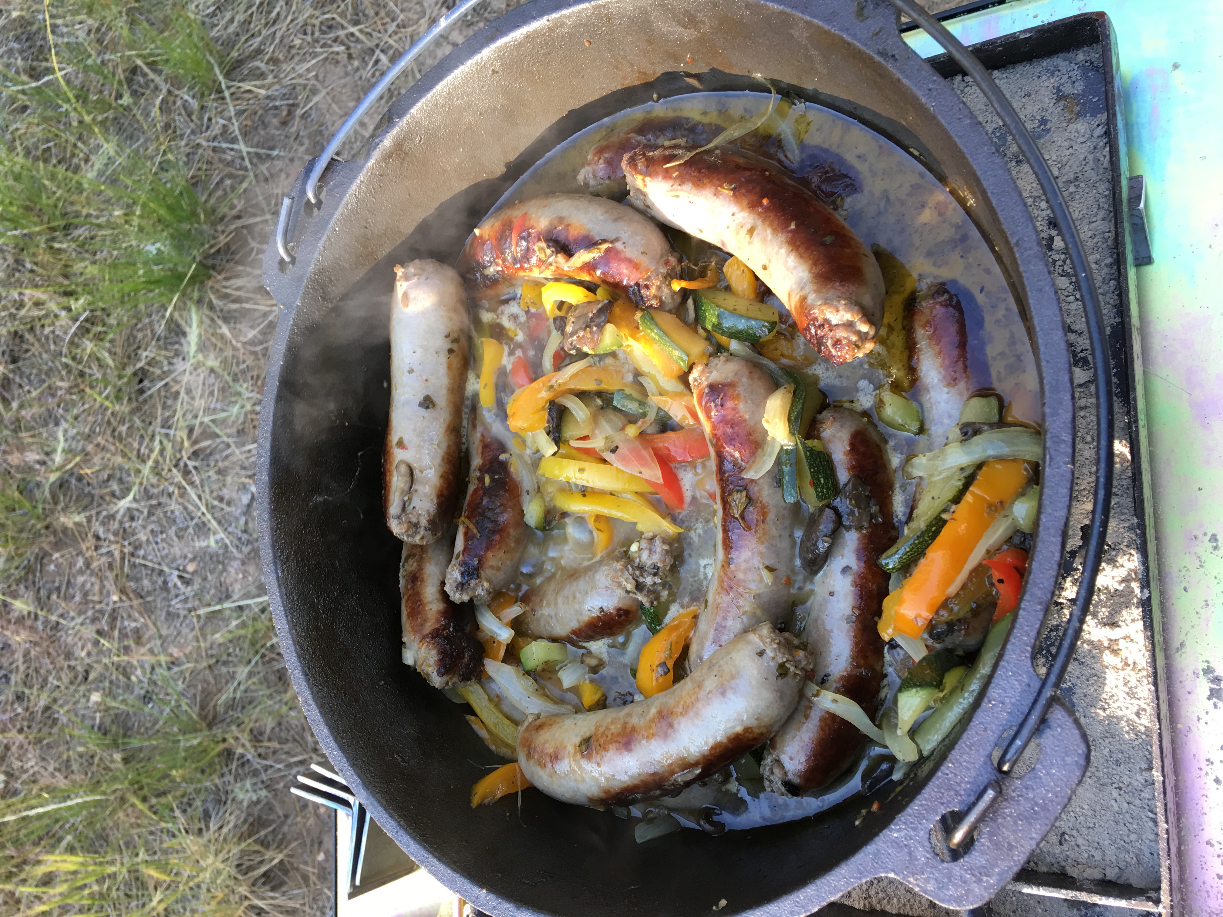 Bratts, peppers and onions. Very quick to make. Brown the meat, add the veggies, salt, pepper and Chimichurri sauce and cook until tender. Serve on a soft roll with cheese.