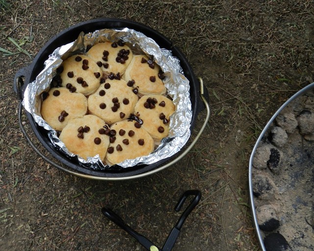 Grand biscuits topped with icing and chocolate chips.  Butter'em up and you're in business!
