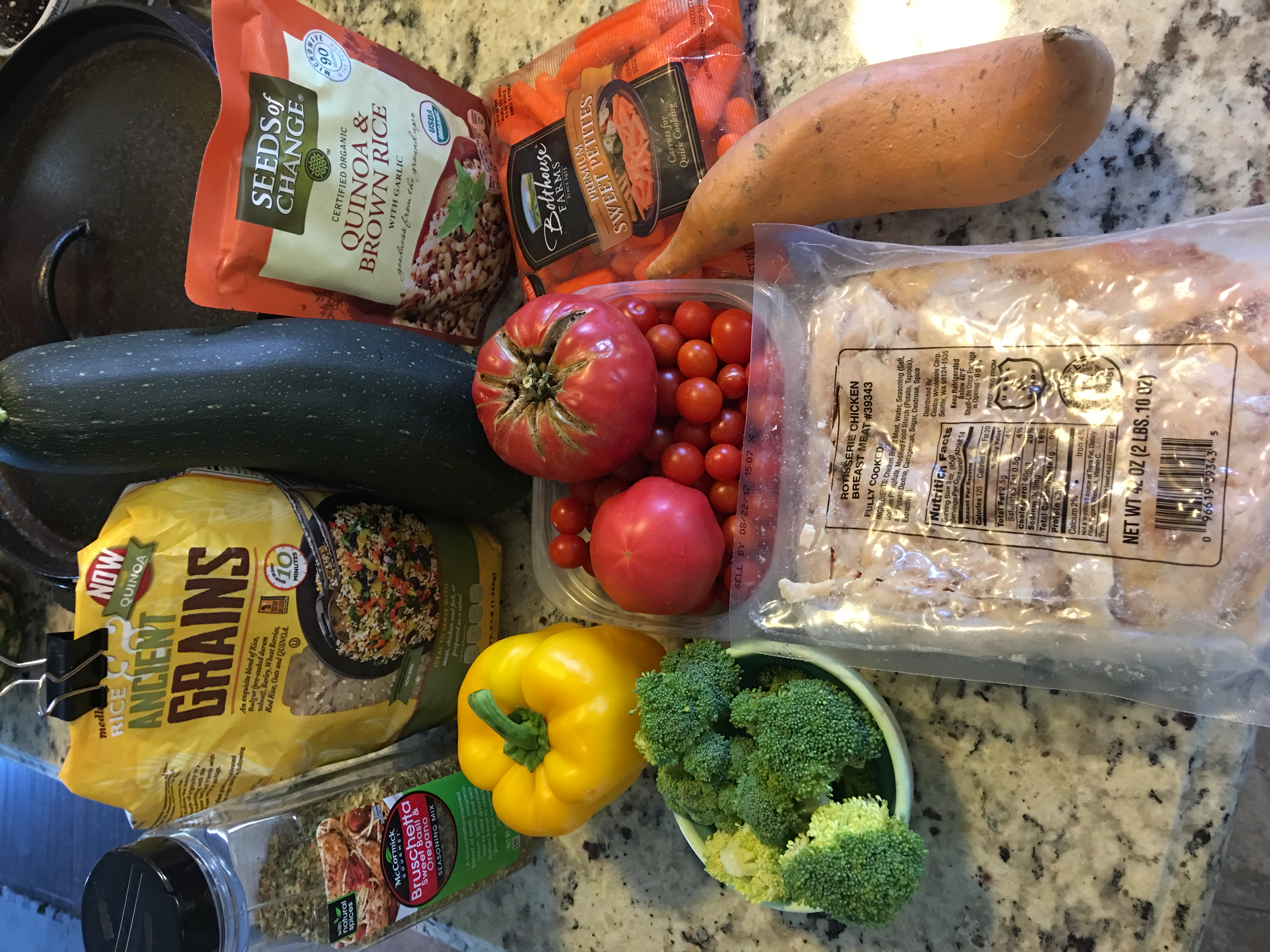 Some of the possible ingredients for my chicken dish depending on what I have on hand and my time. Dice the veggies and cook lightly, add the chicken with your seasonings until warm and then add the sauce. You could add drop biscuits on top as well if using the Dutch oven.