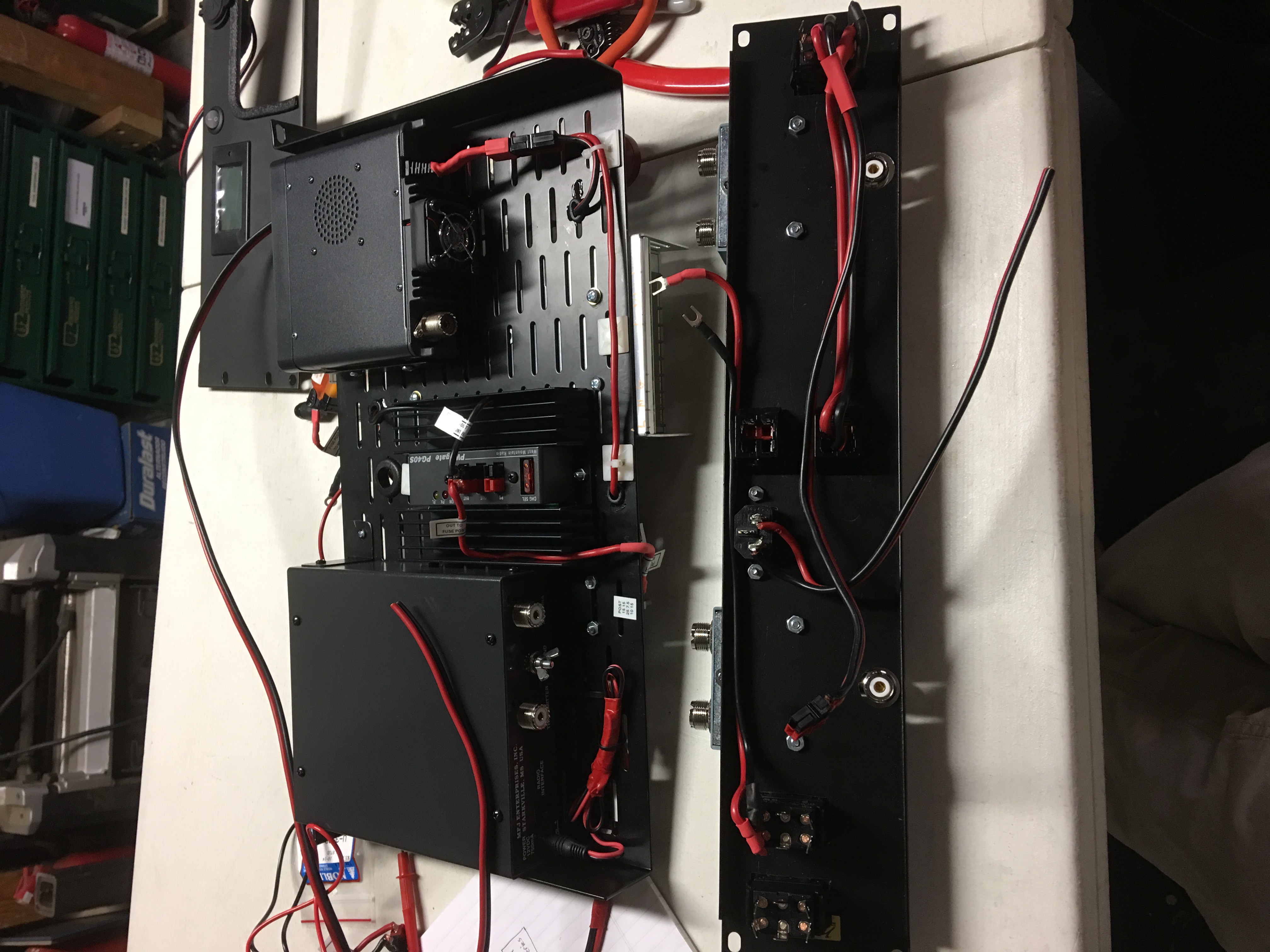 Top shelf. Yaesu Ft 8900, Powergate PG40S, MFJ939 tuner. Computer power supply is on underside of top shelf.