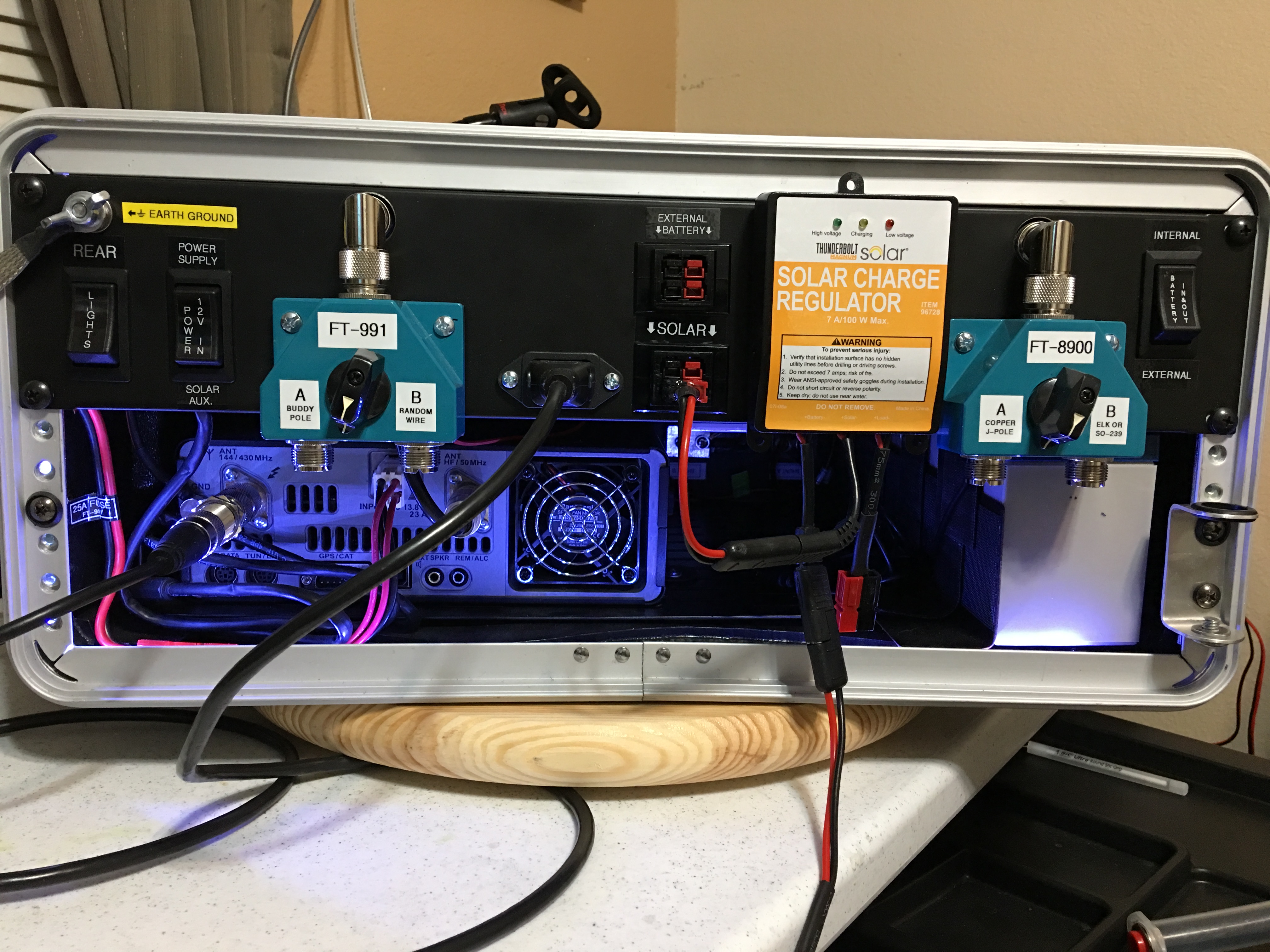 Rear view of connections and switches
