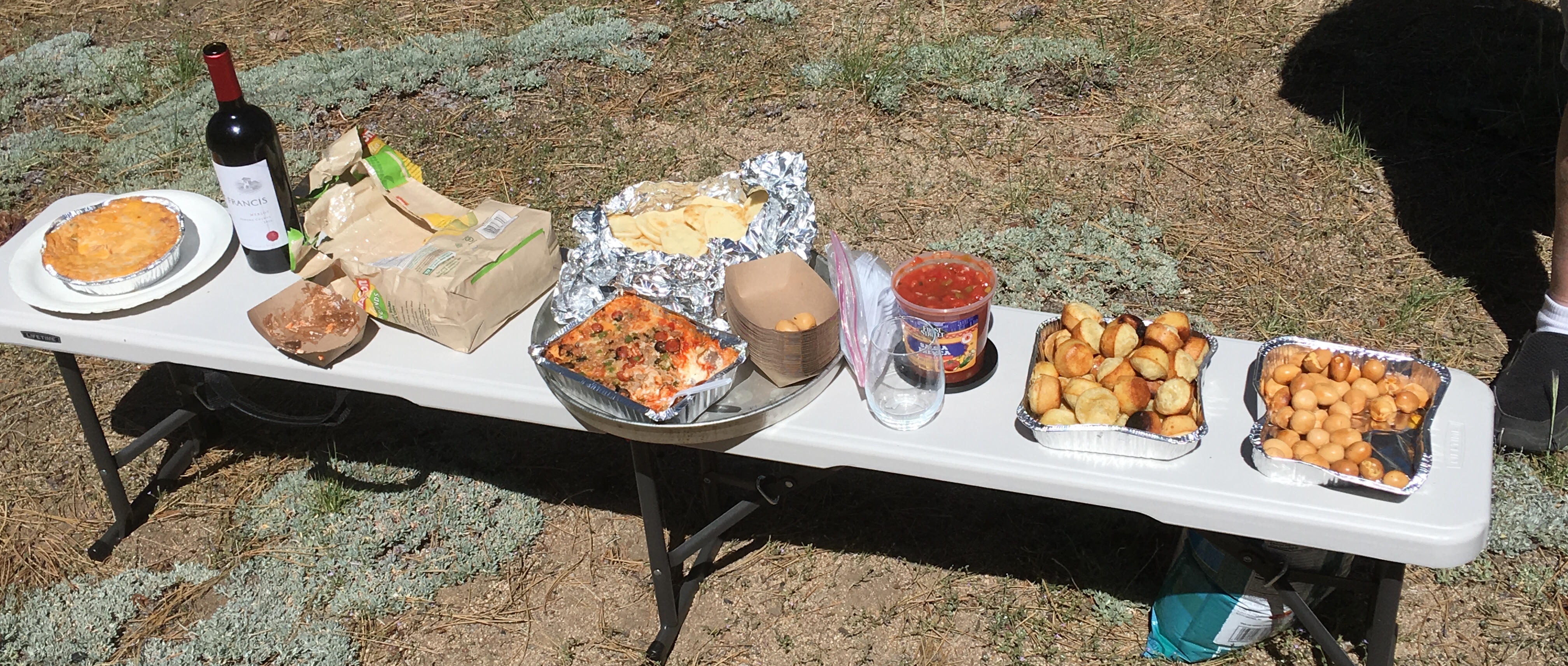 From left to right- The Infamous Bean Dip, Supreme Pizza Dip, Salsa, Brazilian Cheese Bread Balls and Mesquite Smoke Quail Eggs. A nice selection of Fine Wines.