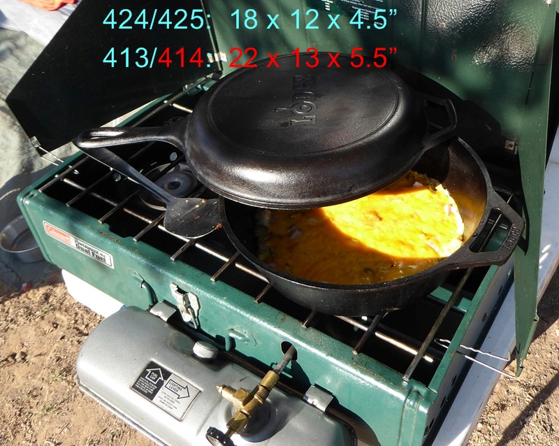 Really have enjoyed the meals off of this 414 stove with plenty of room for a 12" castiron skillet; 22" x 13" x 5.5" dimensions really helped out with cooking area space.