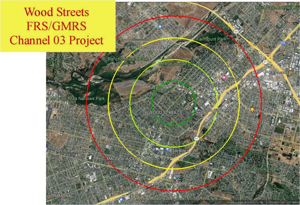 Green = 0.5 mile radius<br />Lime = 1.0 mile radius<br />Yellow = 1.5 mile radius<br />Red = 2.0 mile radius