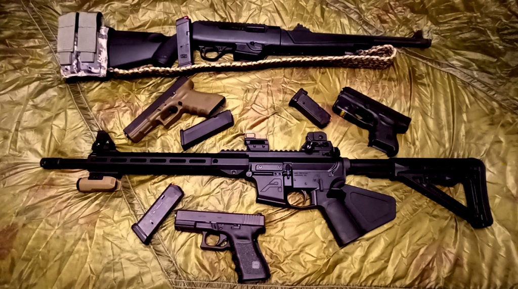 Top to Bottom PCC: Ruger PC9, Areo Precision EPC9<br />9-3-6 o'clock Pistols: G17, G26 & G19 (Courtesy of Riverside 2A Zone).