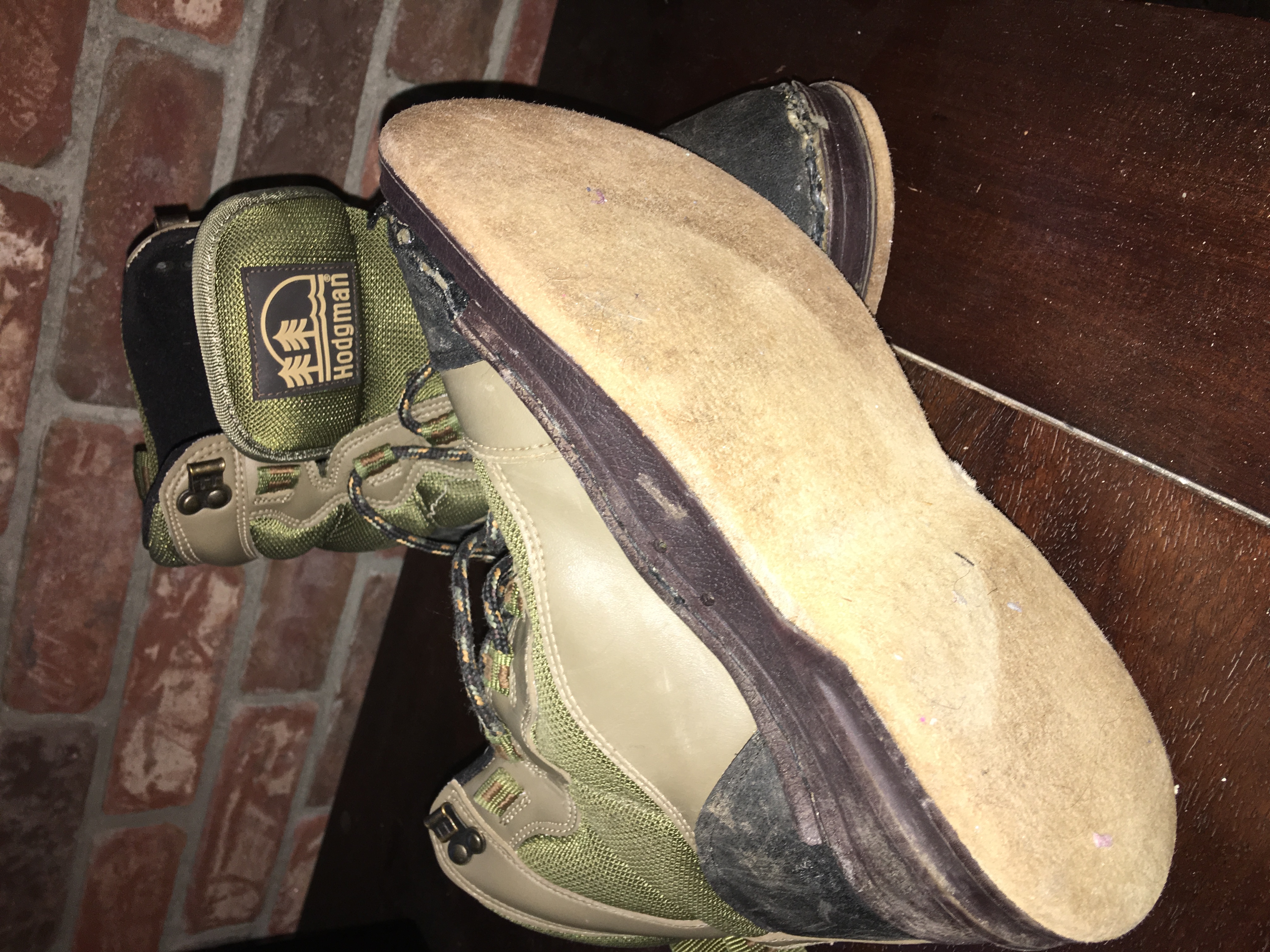 15-17 year old wading boots with felt soles. These prevent slipping on moss covered rocks while fishing.